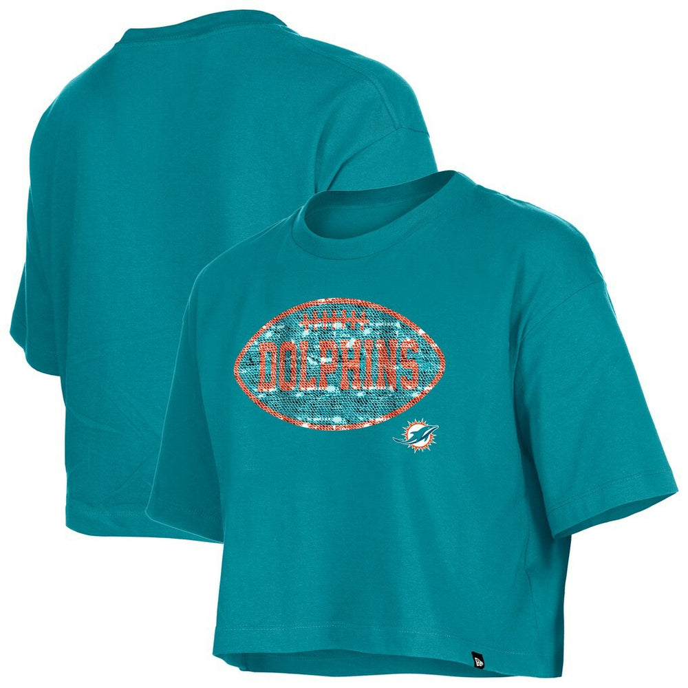 Miami Dolphins New Era Girl's Flip Sequin Boxy T-Shirt - Aqua - NFL