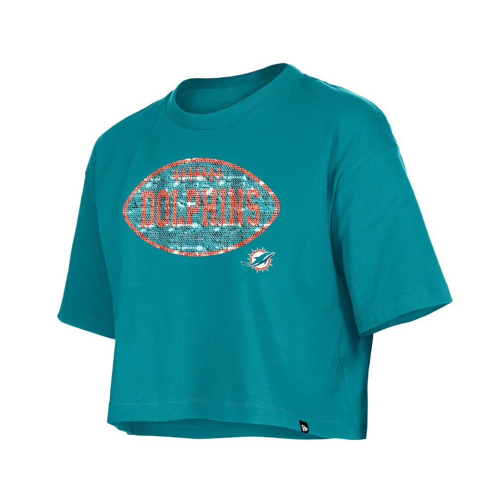 Miami Dolphins New Era Girl's Flip Sequin Boxy T-Shirt - Aqua - NFL