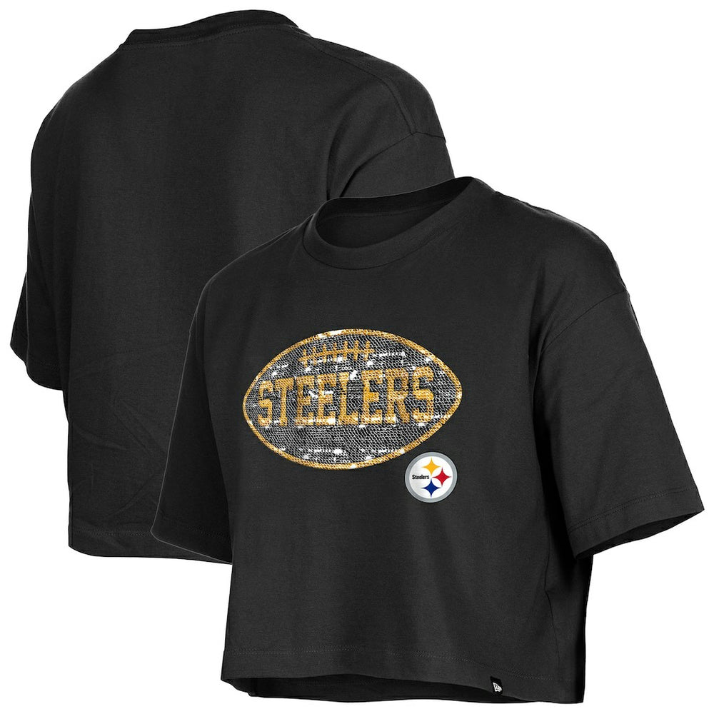 Pittsburgh Steelers New Era Girl's Flip Sequin Boxy T-Shirt - Black - NFL