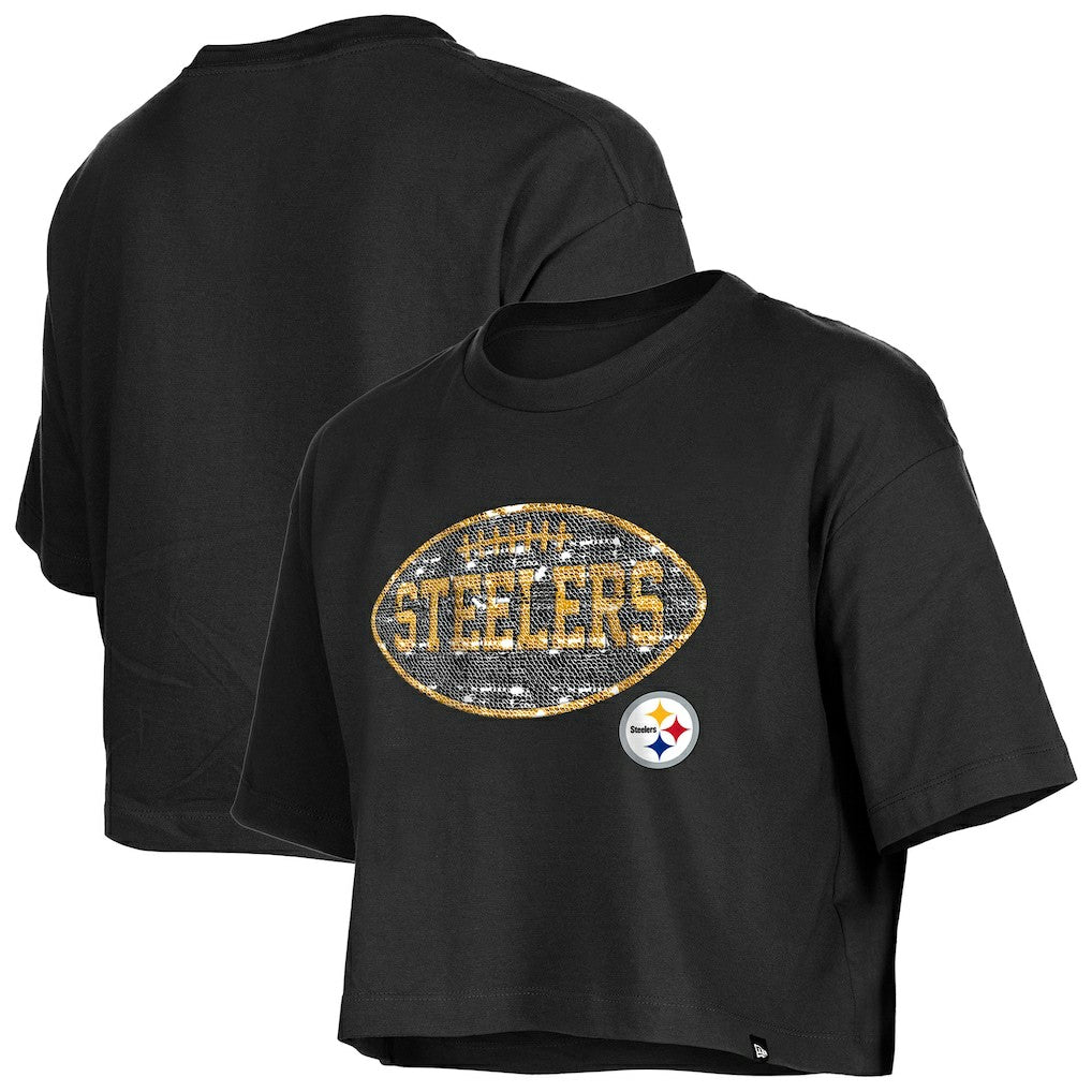 Pittsburgh Steelers New Era Girl's Flip Sequin Boxy T-Shirt - Black - NFL