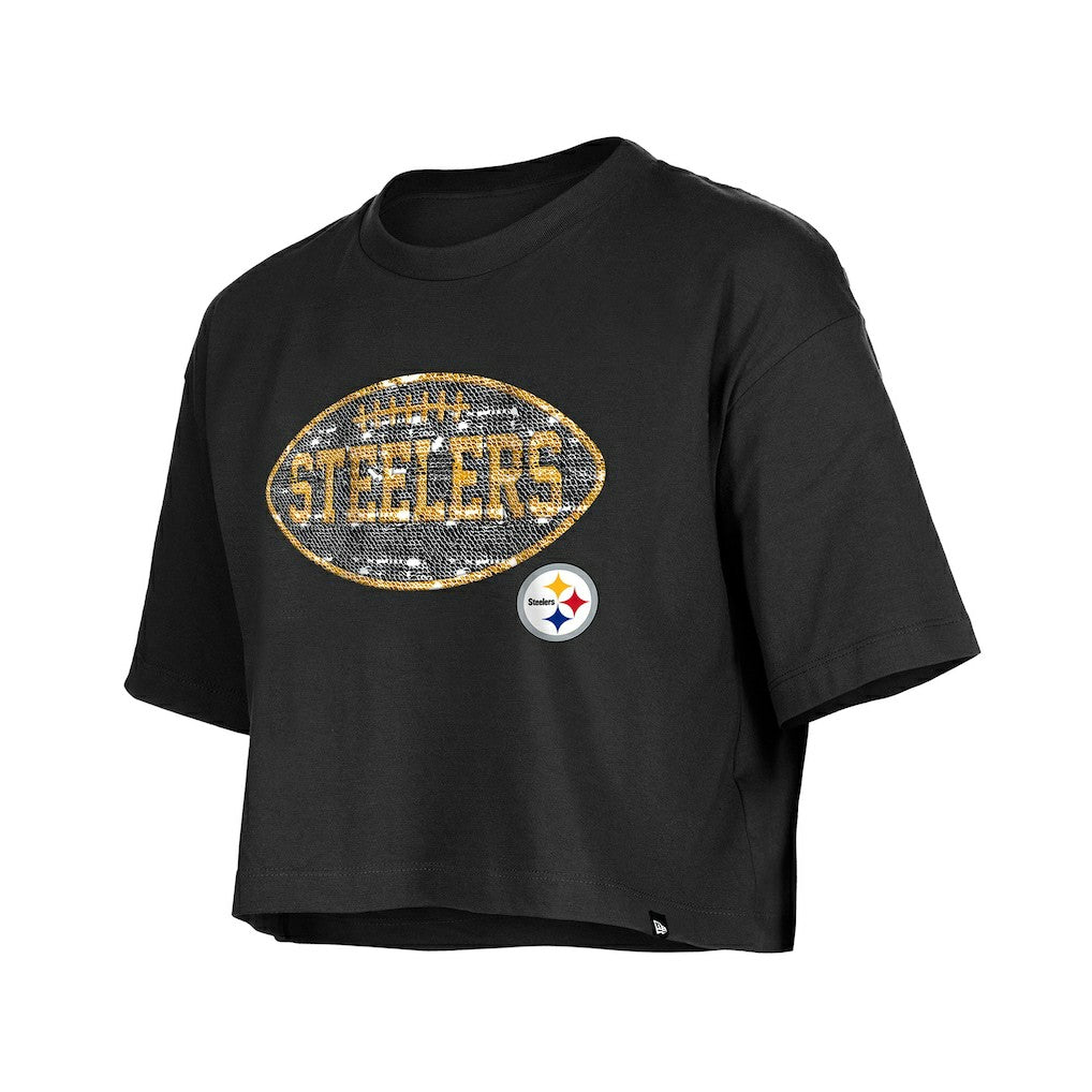 Pittsburgh Steelers New Era Girl's Flip Sequin Boxy T-Shirt - Black - NFL