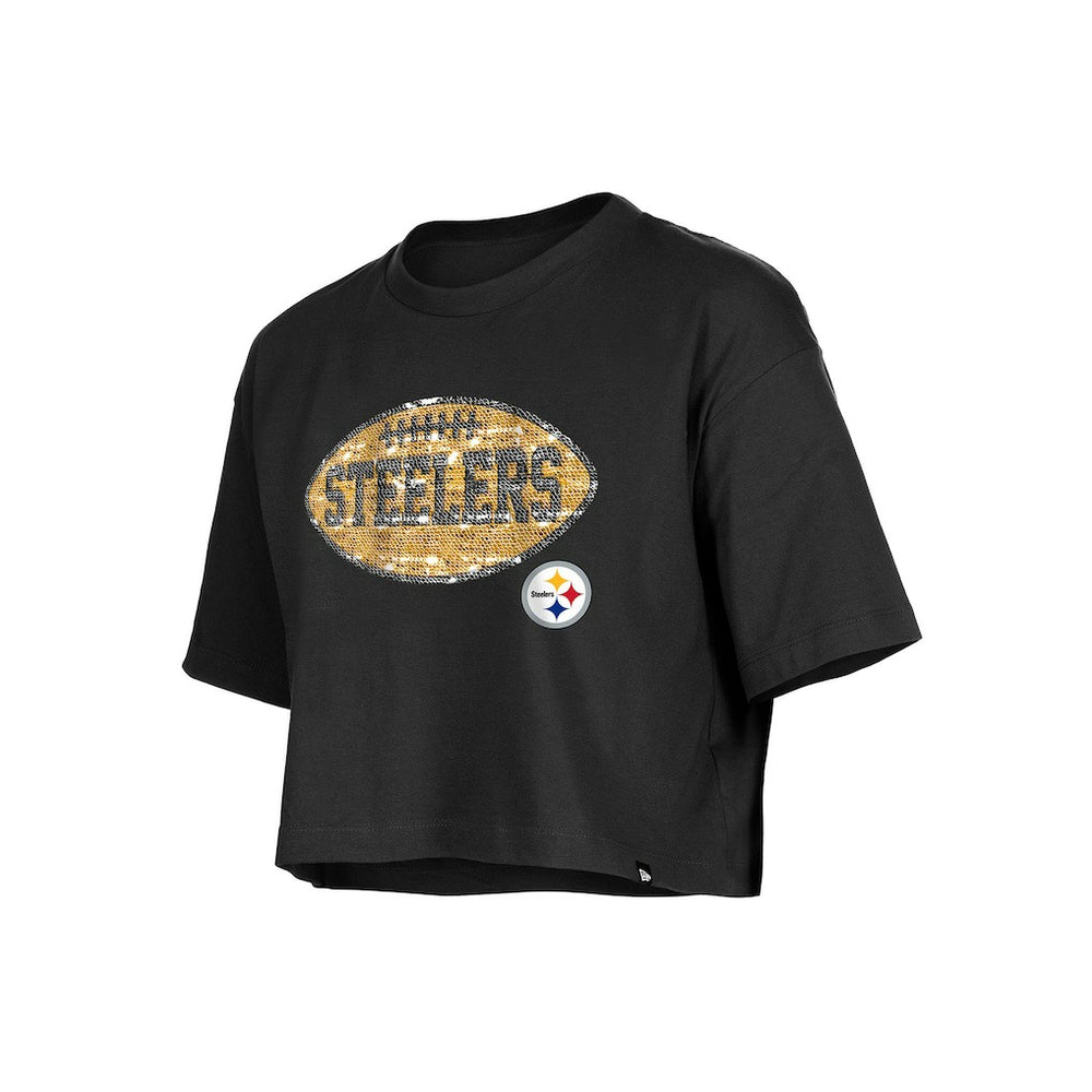 Pittsburgh Steelers New Era Girl's Flip Sequin Boxy T-Shirt - Black - NFL