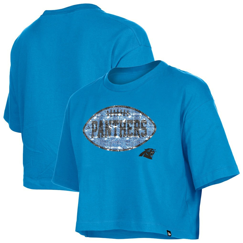 Carolina Panthers New Era Girl's Flip Sequin Boxy T-Shirt - Blue - NFL