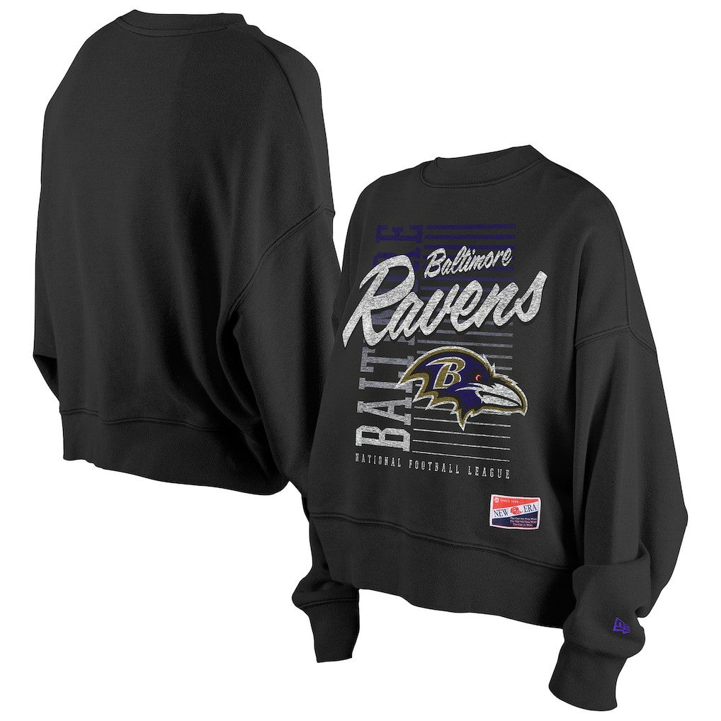 Baltimore Ravens New Era Women's Oversized Throwback Mineral Wash Crew Neck Sweatshirt - Black - NFL