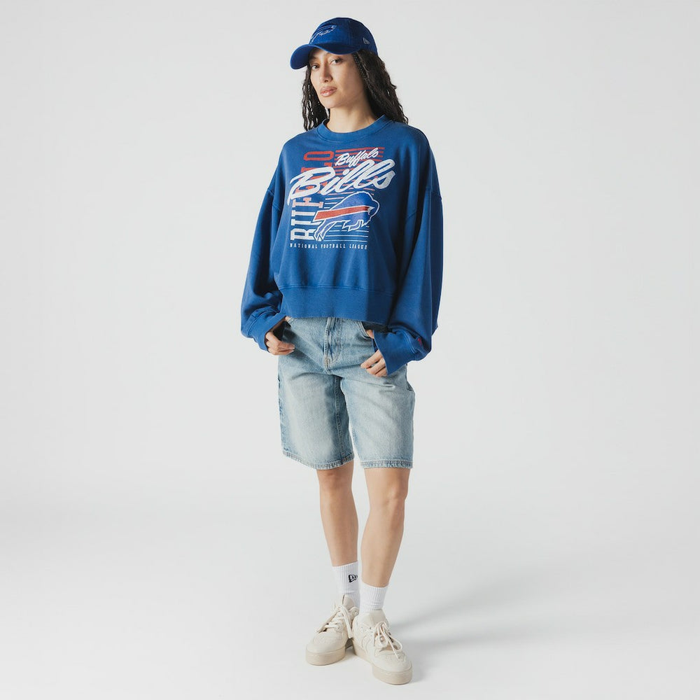 Buffalo Bills New Era Women's Oversized Throwback Mineral Wash Crew Neck Sweatshirt - Royal - NFL
