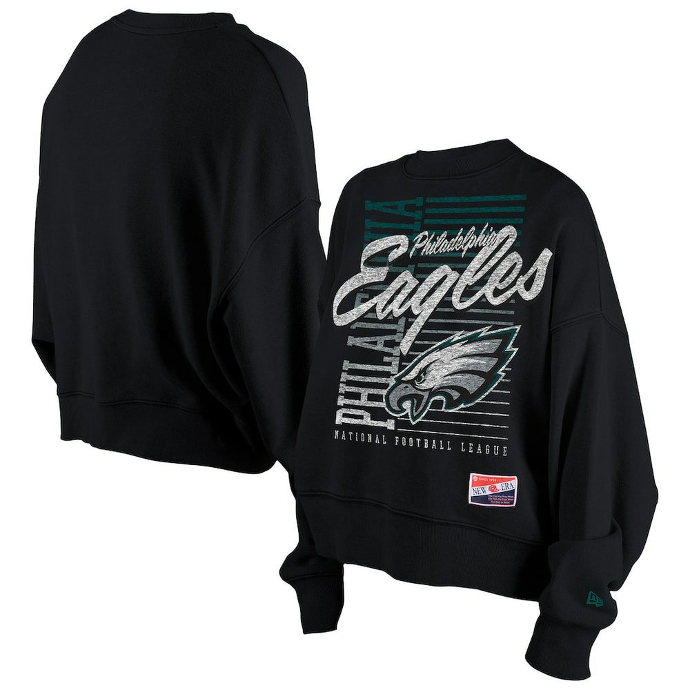Philadelphia Eagles New Era Women's Oversized Throwback Mineral Wash Crew Neck Sweatshirt - Black - NFL