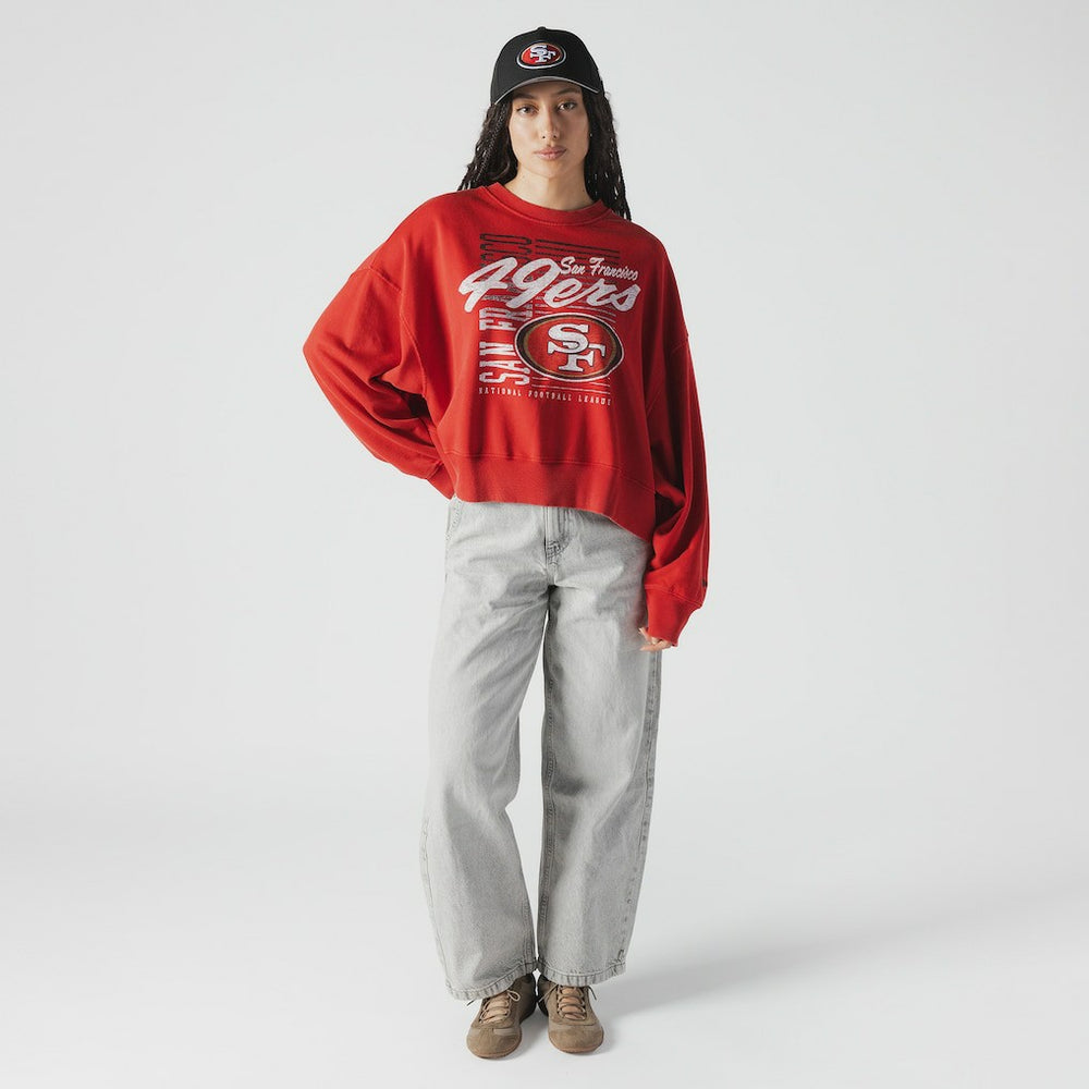 San Francisco 49ers New Era Women's Oversized Throwback Mineral Wash Crew Neck Sweatshirt - Scarlet - NFL