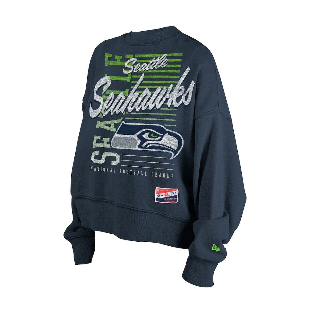 Seattle Seahawks New Era Women's Oversized Throwback Mineral Wash Crew Neck Sweatshirt - College Navy - NFL