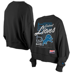 Detroit Lions New Era Women's Oversized Throwback Mineral Wash Crew Neck Sweatshirt - Black - NFL