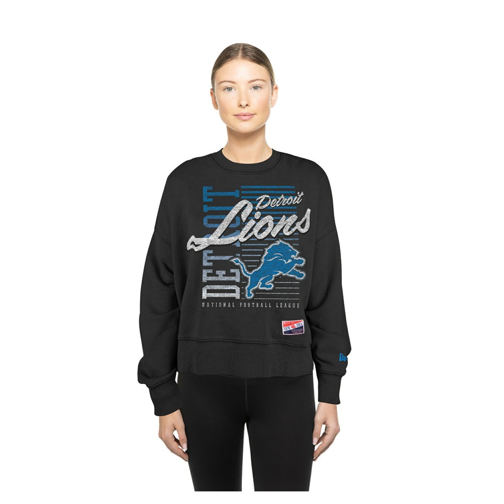 Detroit Lions New Era Women's Oversized Throwback Mineral Wash Crew Neck Sweatshirt - Black - NFL