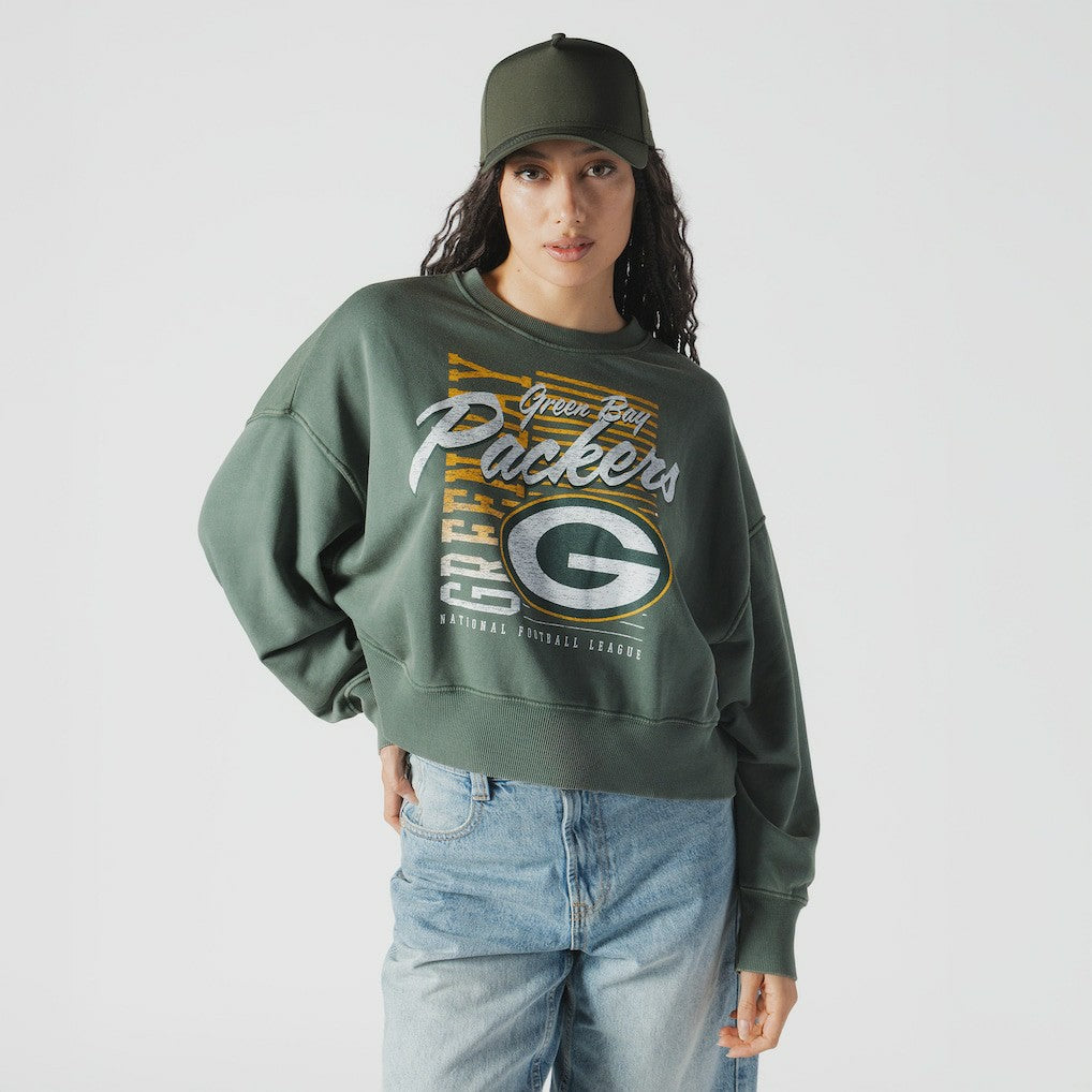 Green Bay Packers New Era Women's Oversized Throwback Mineral Wash Crew Neck Sweatshirt - Green - NFL