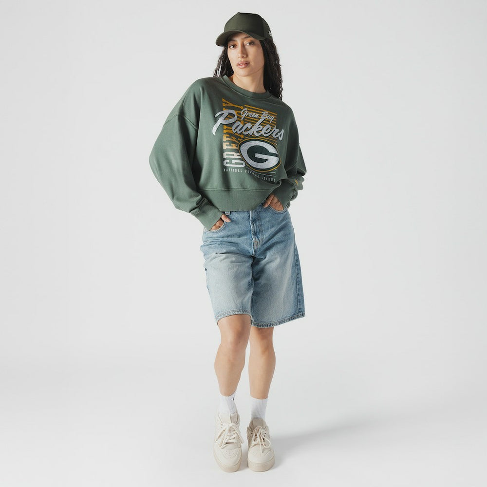 Green Bay Packers New Era Women's Oversized Throwback Mineral Wash Crew Neck Sweatshirt - Green - NFL