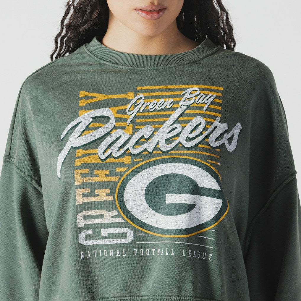 Green Bay Packers New Era Women's Oversized Throwback Mineral Wash Crew Neck Sweatshirt - Green - NFL