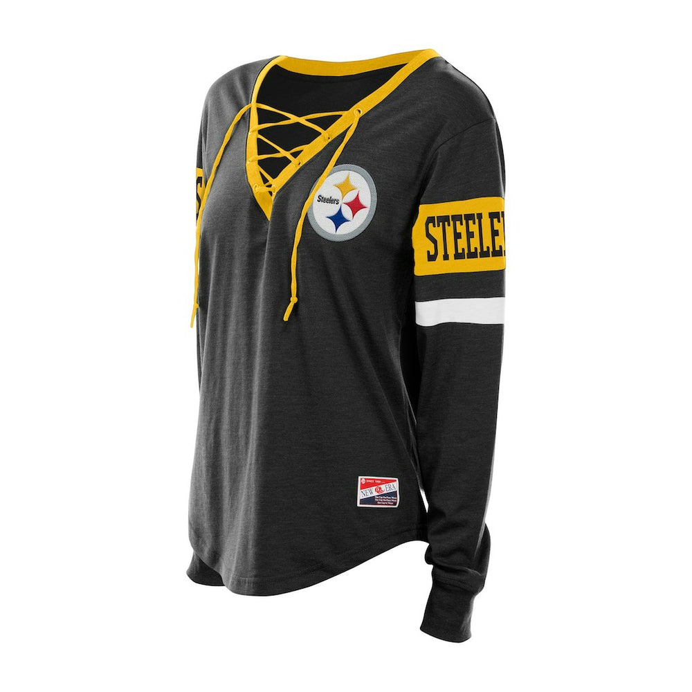 Pittsburgh Steelers New Era Women's Throwback Lace-Up Long-Sleeve T-Shirt - Black - NFL