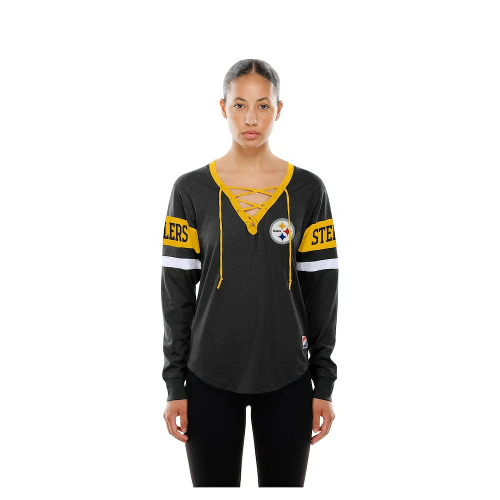 Pittsburgh Steelers New Era Women's Throwback Lace-Up Long-Sleeve T-Shirt - Black - NFL