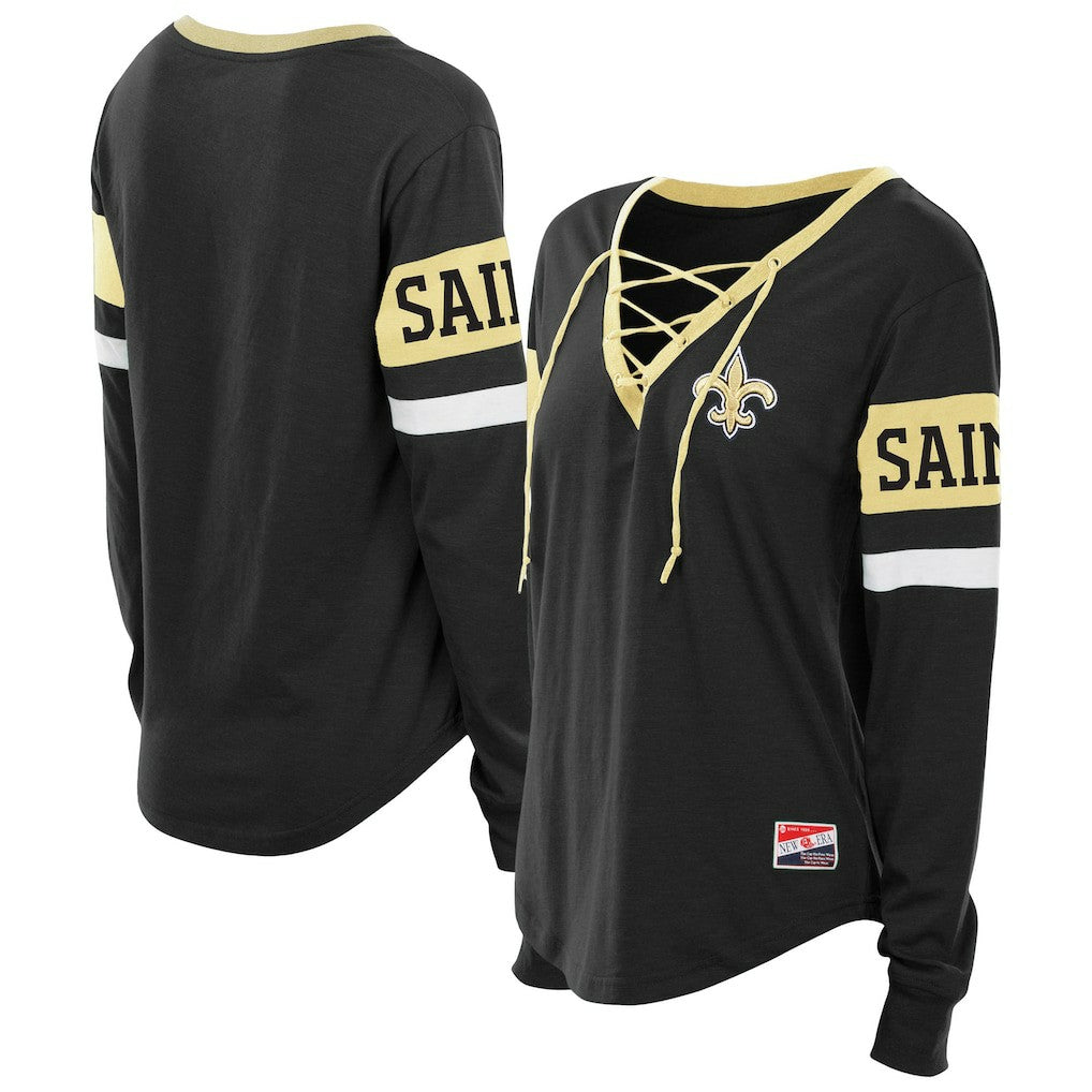 New Orleans Saints New Era Women's Plus Size Throwback Lace-Up Long Sleeve T-Shirt - Black - NFL