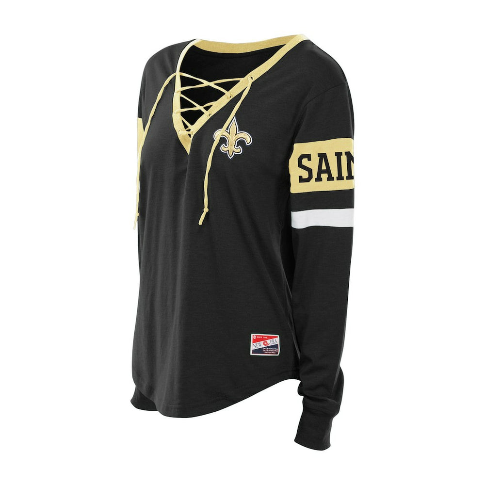 New Orleans Saints New Era Women's Plus Size Throwback Lace-Up Long Sleeve T-Shirt - Black - NFL