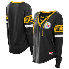 Pittsburgh Steelers New Era Women's Plus Size Throwback Lace-Up Long Sleeve T-Shirt - Black - NFL