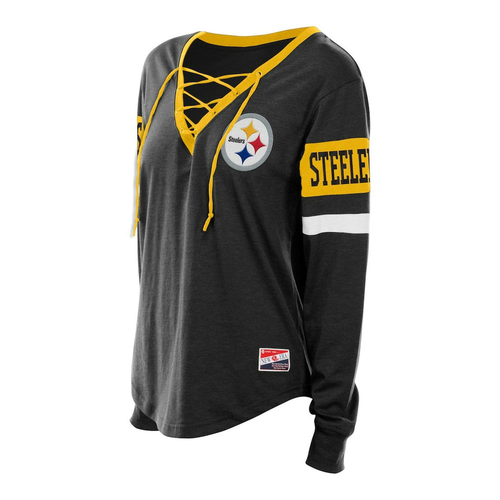 Pittsburgh Steelers New Era Women's Plus Size Throwback Lace-Up Long Sleeve T-Shirt - Black - NFL