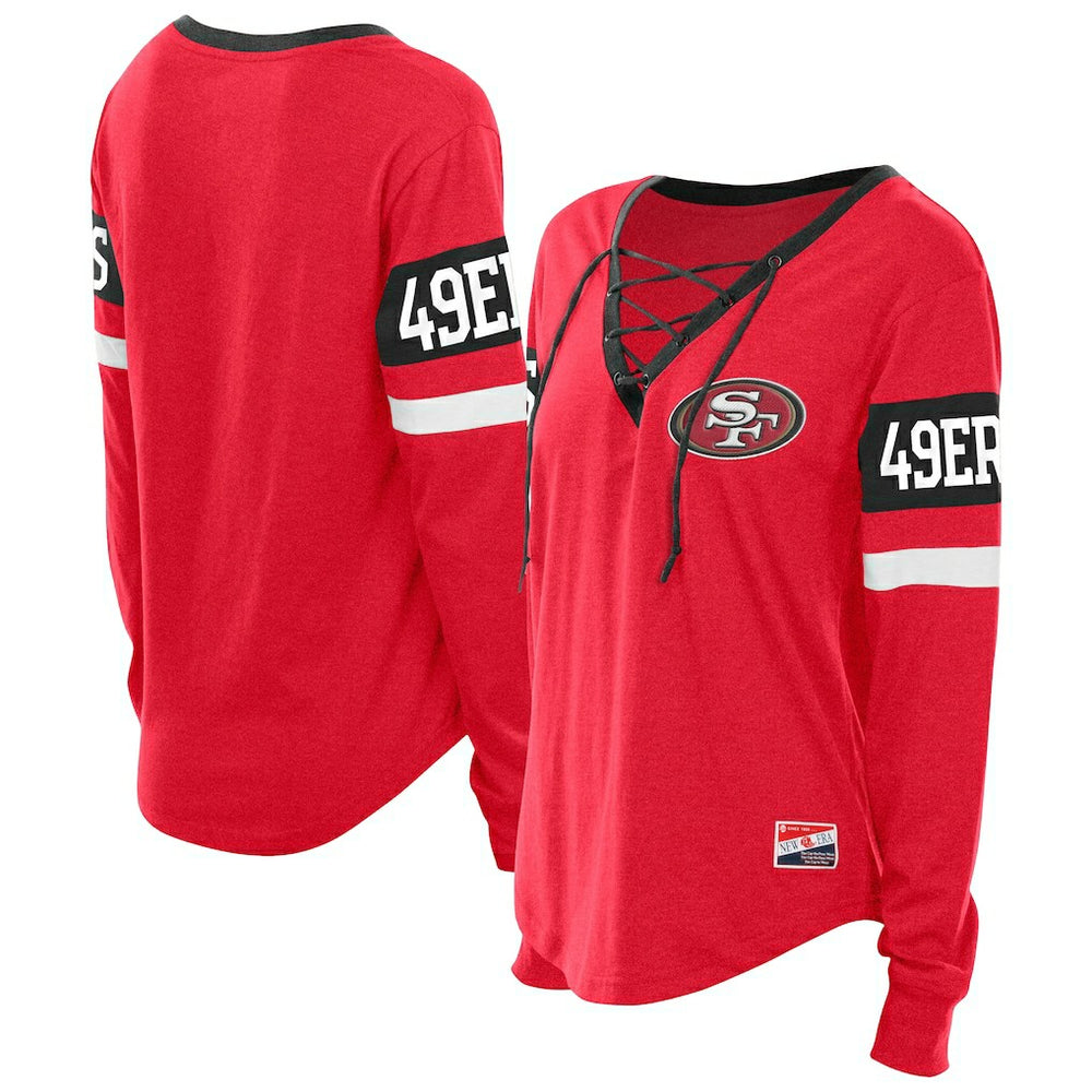 San Francisco 49ers New Era Women's Plus Size Throwback Lace-Up Long Sleeve T-Shirt - Scarlet - NFL