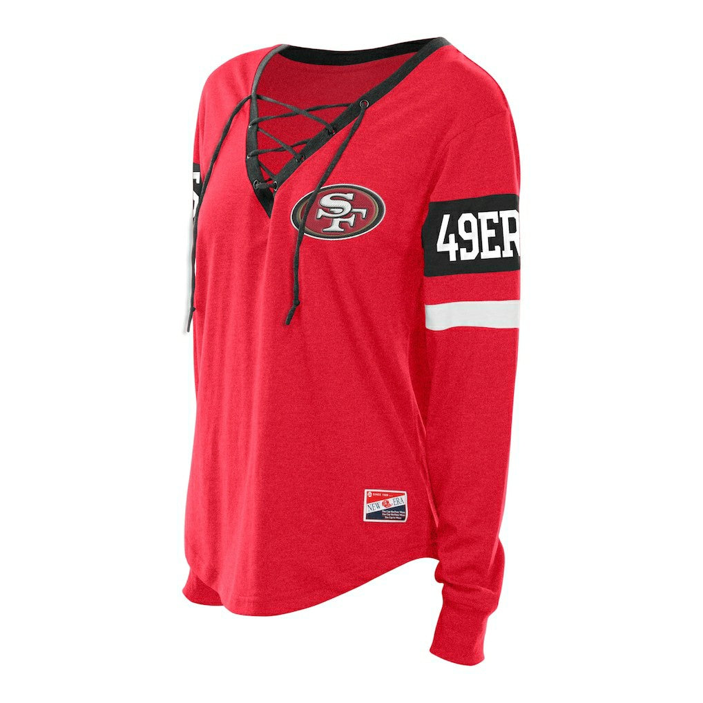 San Francisco 49ers New Era Women's Plus Size Throwback Lace-Up Long Sleeve T-Shirt - Scarlet - NFL