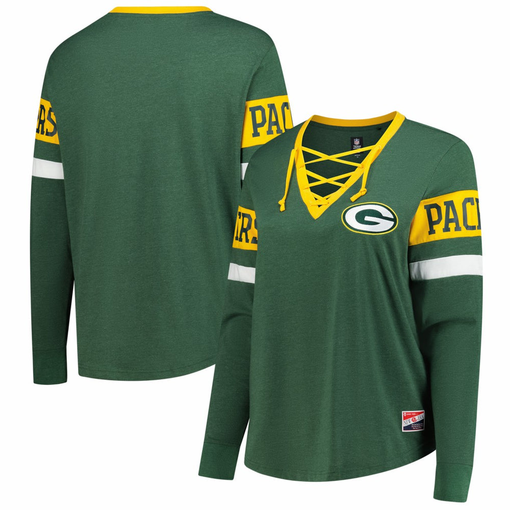 Green Bay Packers New Era Women's Plus Size Throwback Lace-Up Long Sleeve T-Shirt - Green - NFL