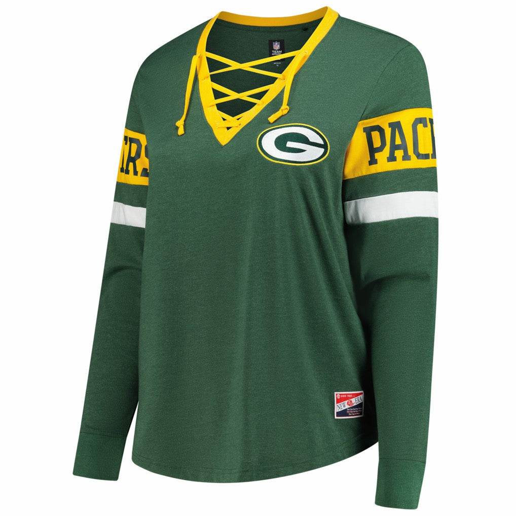 Green Bay Packers New Era Women's Plus Size Throwback Lace-Up Long Sleeve T-Shirt - Green - NFL