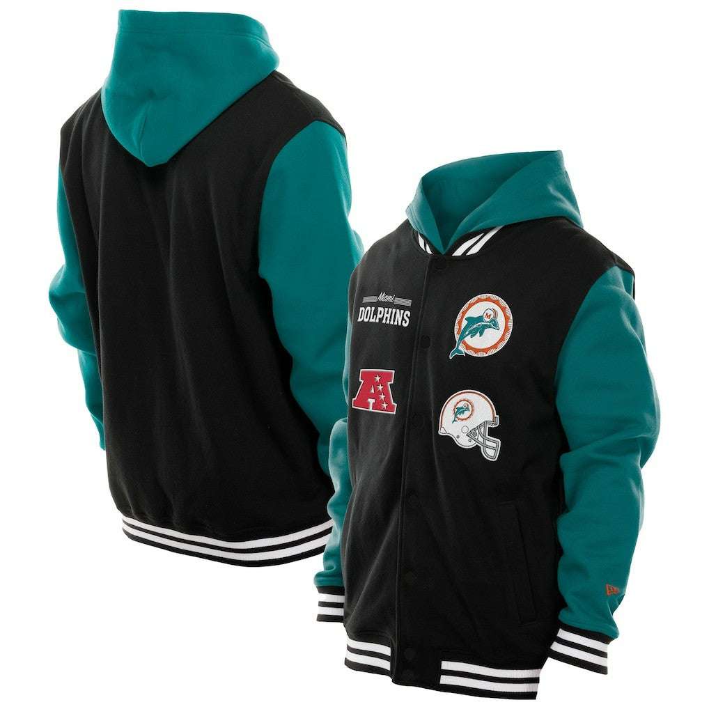 Miami Dolphins New Era Full-Snap Fleece Hoodie Jacket - Black - NFL