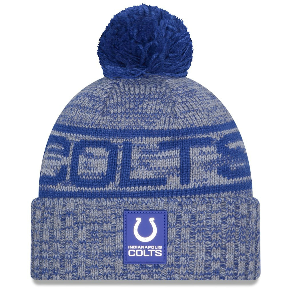 Indianapolis Colts New Era 2025 Sideline Cold Weather Cuffed Knit Hat with Pom - Royal - NFL