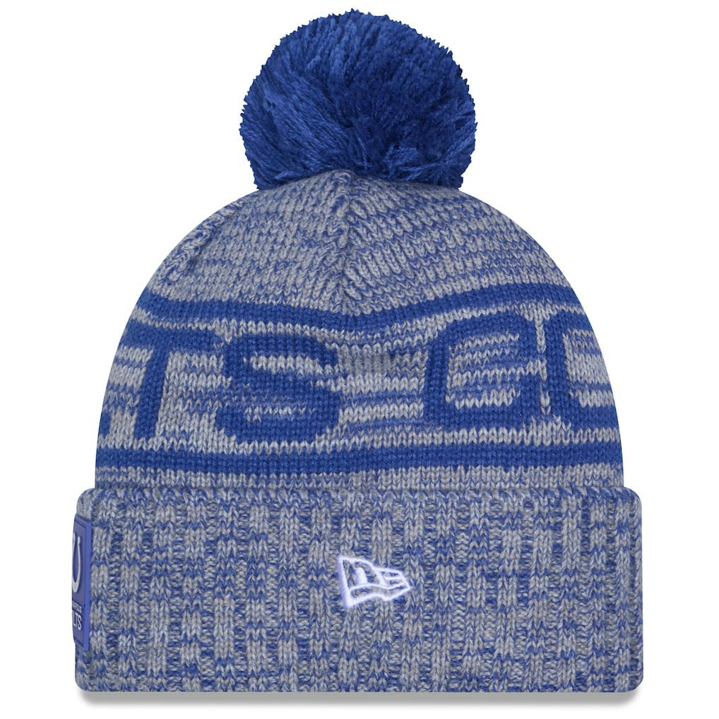 Indianapolis Colts New Era 2025 Sideline Cold Weather Cuffed Knit Hat with Pom - Royal - NFL