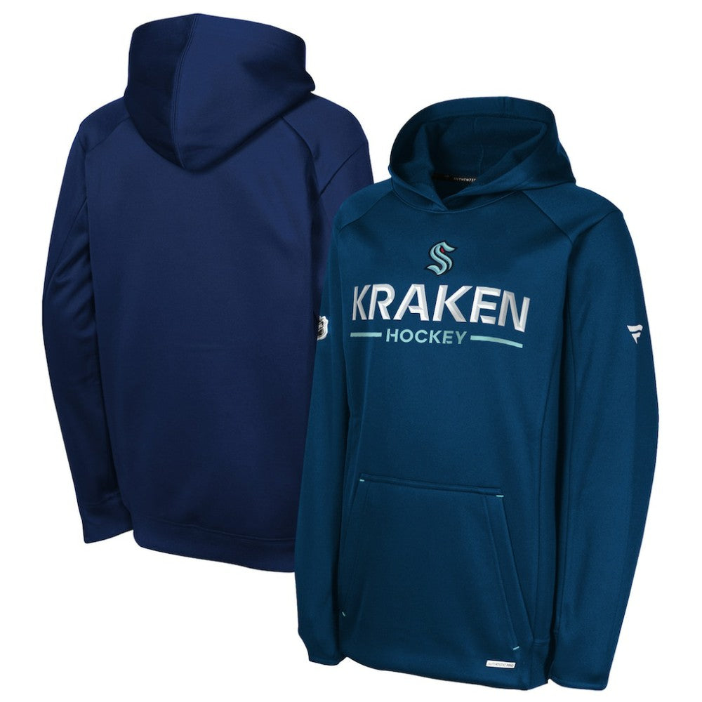 Seattle Kraken Fanatics Youth Authentic Pro Rink Raglan Hoodie - Deep Sea Blue | Fanatics Lifestyle