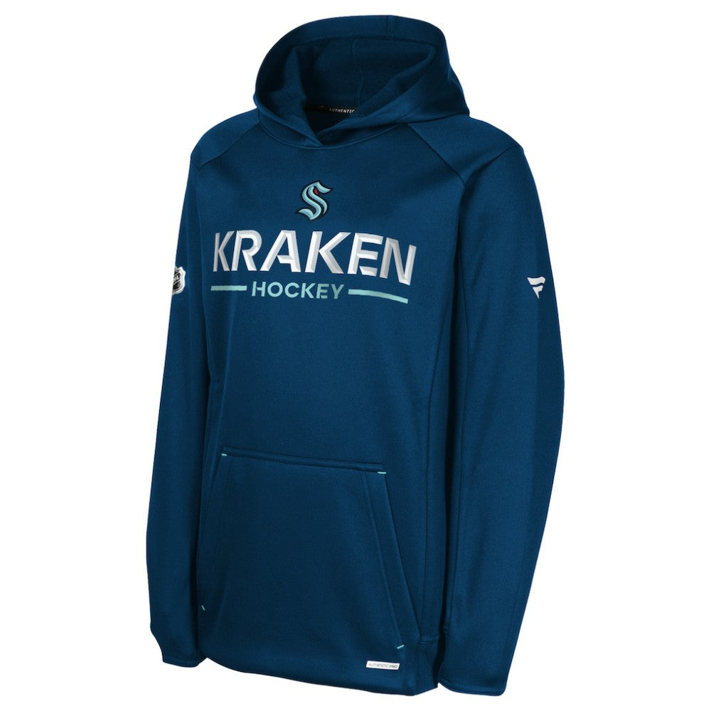 Seattle Kraken Fanatics Youth Authentic Pro Rink Raglan Hoodie - Deep Sea Blue | Fanatics Lifestyle