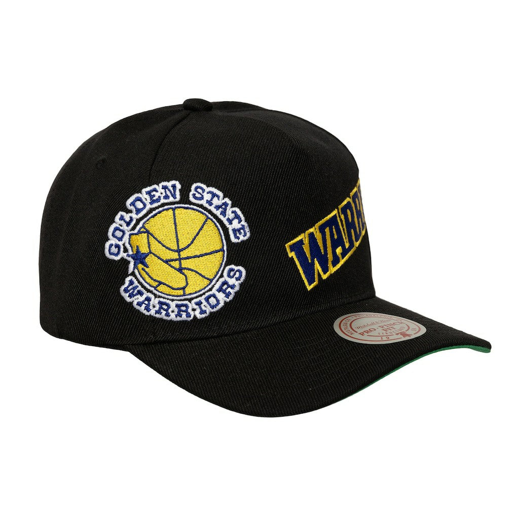 Mitchell & Ness Golden State Warriors Busted Logo Wordmark Wrap-Around Pro Pinch Adjustable Hat Black