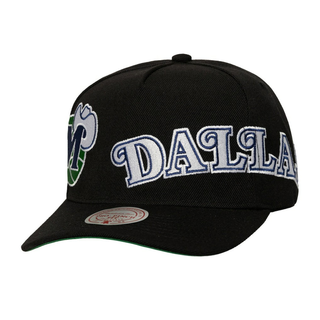 Mitchell & Ness Dallas Mavericks Busted Logo Wordmark Wrap Around Pro Pinch Adjustable Hat Black