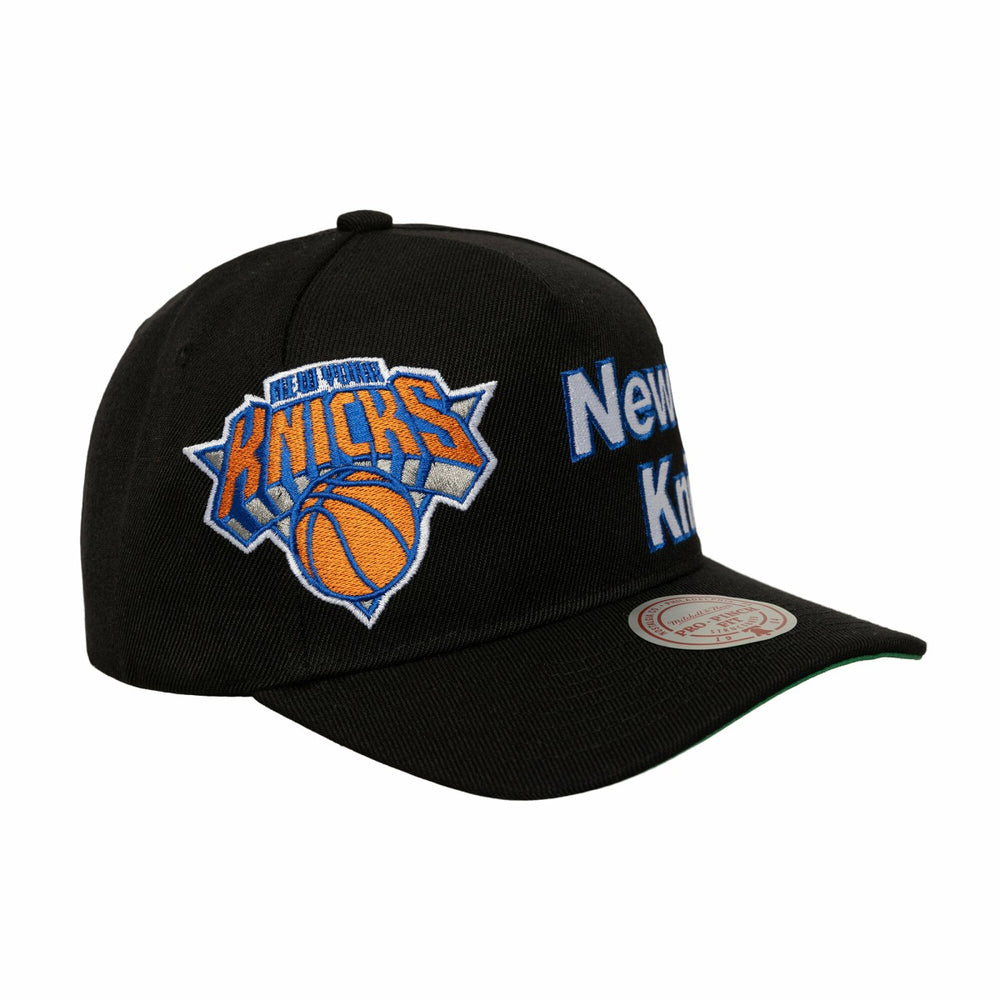 Mitchell & Ness New York Knicks Busted Logo Wordmark Wrap-Around Pro Pinch Adjustable Hat Black