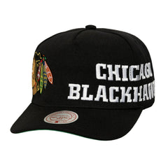 Chicago Blackhawks Mitchell & Ness Busted Logo Wordmark Wrap Around Pro Pinch Adjustable Hat - Black | NHL discount