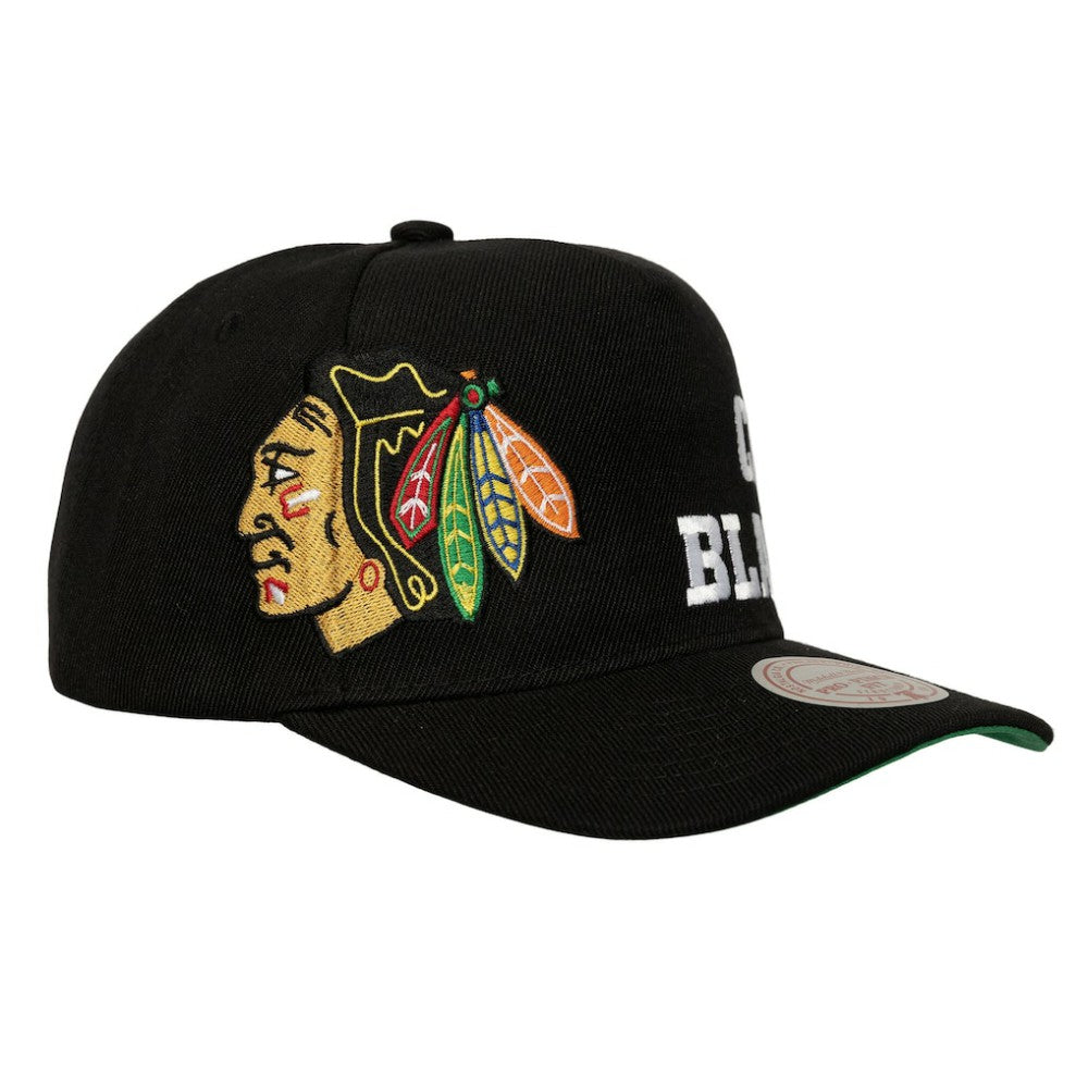 Chicago Blackhawks Mitchell & Ness Busted Logo Wordmark Wrap Around Pro Pinch Adjustable Hat - Black | NHL discount