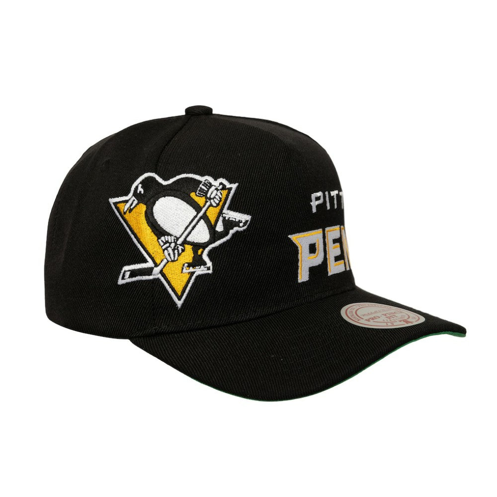 Pittsburgh Penguins Mitchell & Ness Busted Logo Wordmark Wrap-Around Pro Pinch Adjustable Hat - Black | NHL sale