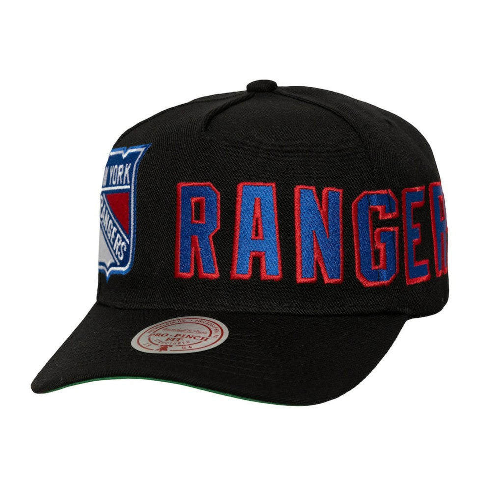 New York Rangers Mitchell & Ness Busted Logo Wordmark Wrap-Around Pro Pinch Adjustable Hat - Black | NHL discount