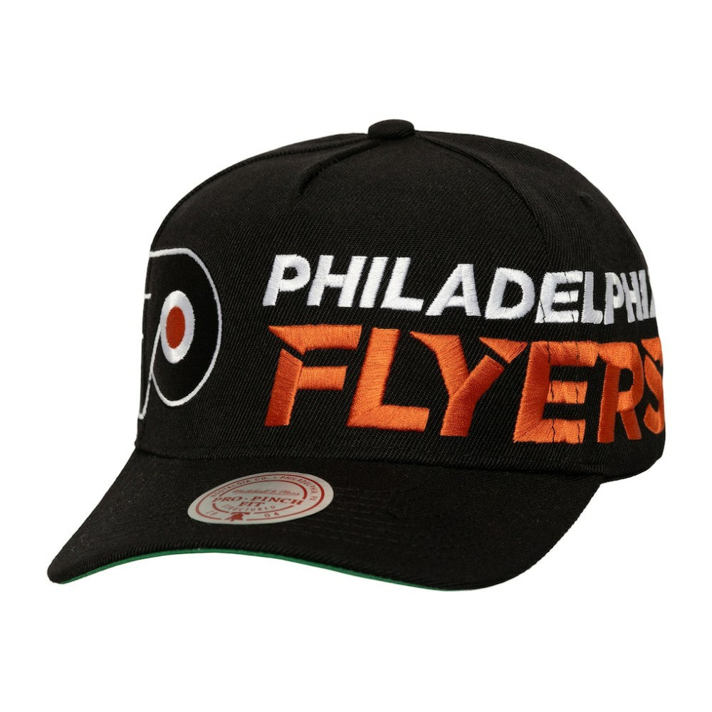 Philadelphia Flyers Mitchell & Ness Busted Logo Wordmark Wrap-Around Pro Pinch Adjustable Hat - Black | NHL Lifestyle
