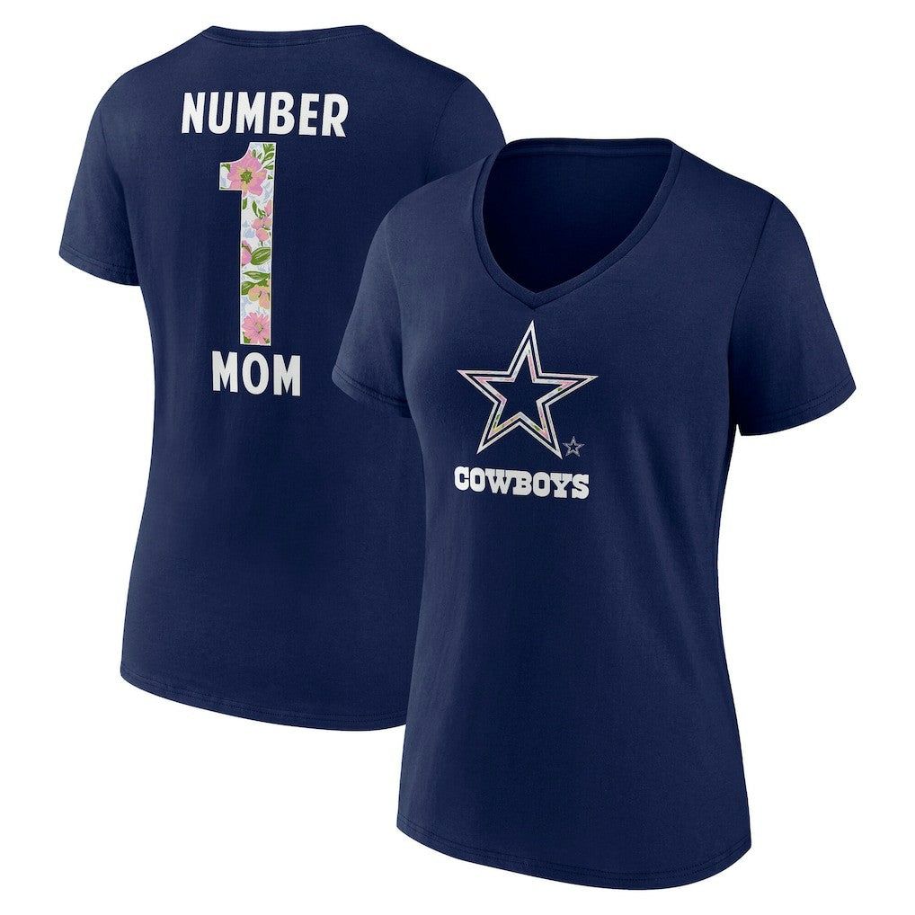 Dallas Cowboys Women's Floral Number 1 Mom V-Neck T-Shirt - Navy - NFL