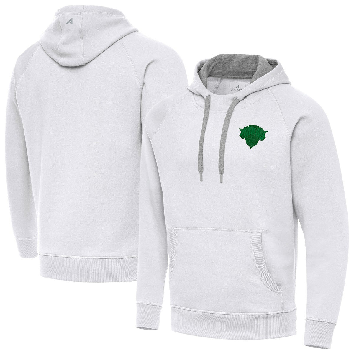 New York Knicks Antigua St. Patrick's Day Victory Raglan Pullover Hoodie White