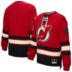 New Jersey Devils Mitchell & Ness Women's Heritage Lace-Up Pullover Sweatshirt - Red | NHL Lifestyle