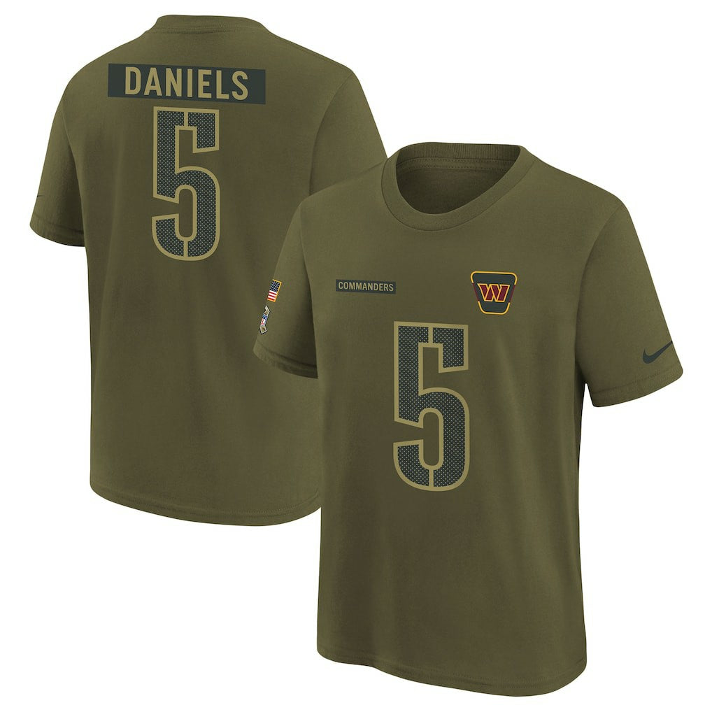 Jayden Daniels Washington Commanders Youth 2025 Salute to Service Name & Number T-Shirt - Olive - Nike
