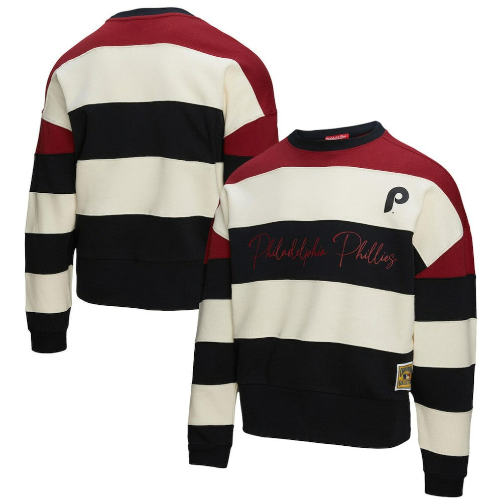 Philadelphia Phillies Mitchell & Ness Women's Cooperstown Collection Blocked Fleece Pullover Sweatshirt- Burgundy/Black for sale