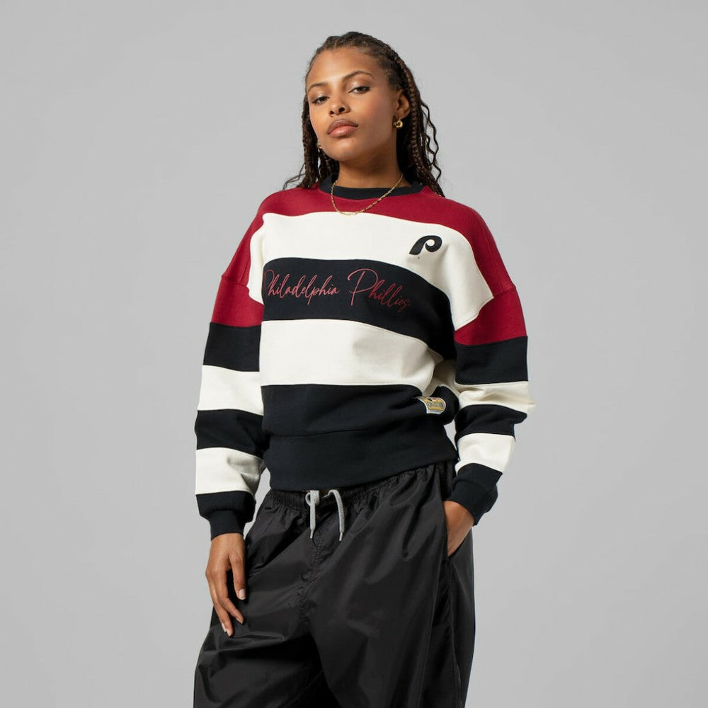 Philadelphia Phillies Mitchell & Ness Women's Cooperstown Collection Blocked Fleece Pullover Sweatshirt- Burgundy/Black for sale