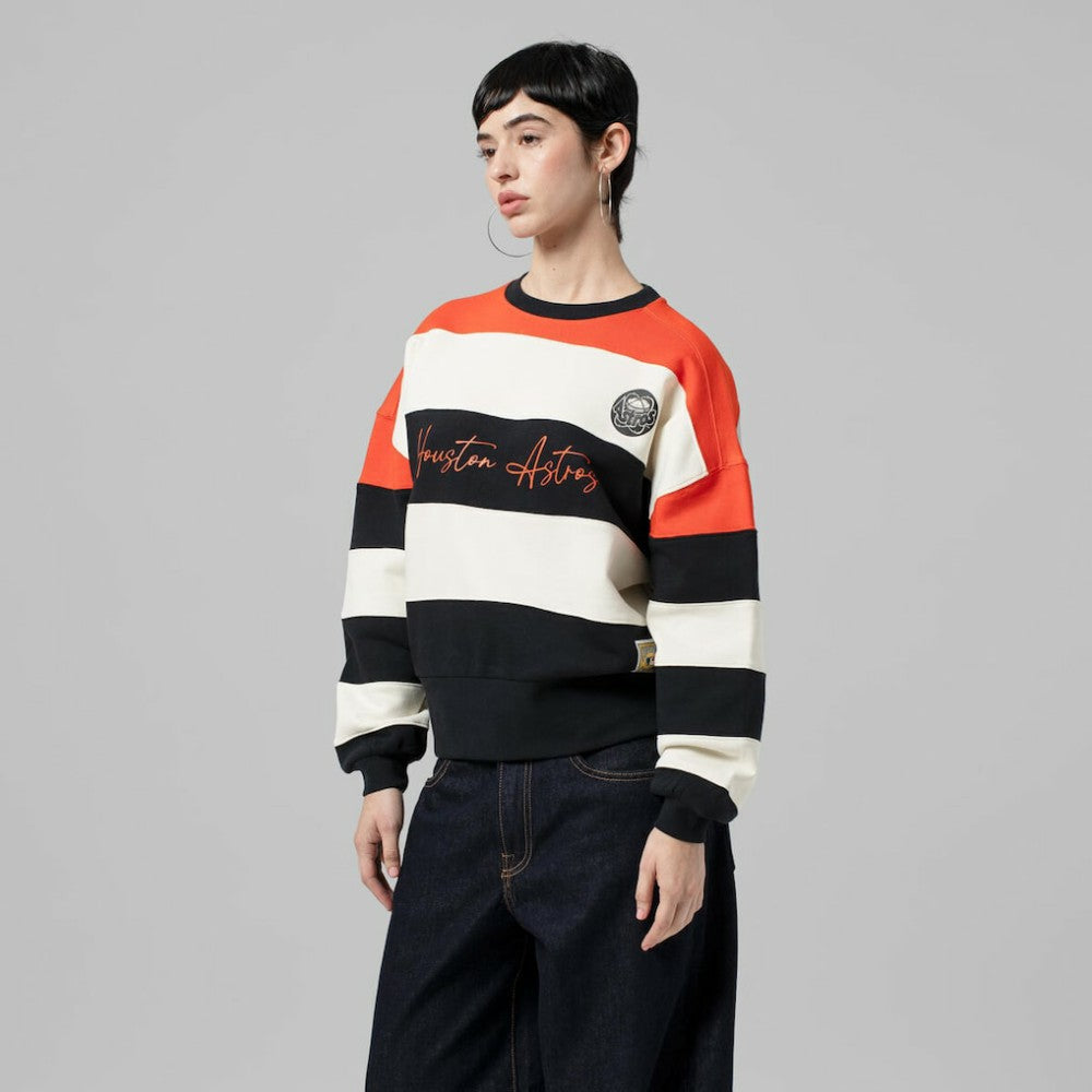 Houston Astros Mitchell & Ness Women's Cooperstown Collection Blocked Fleece Pullover Sweatshirt- Orange/Black Near Me