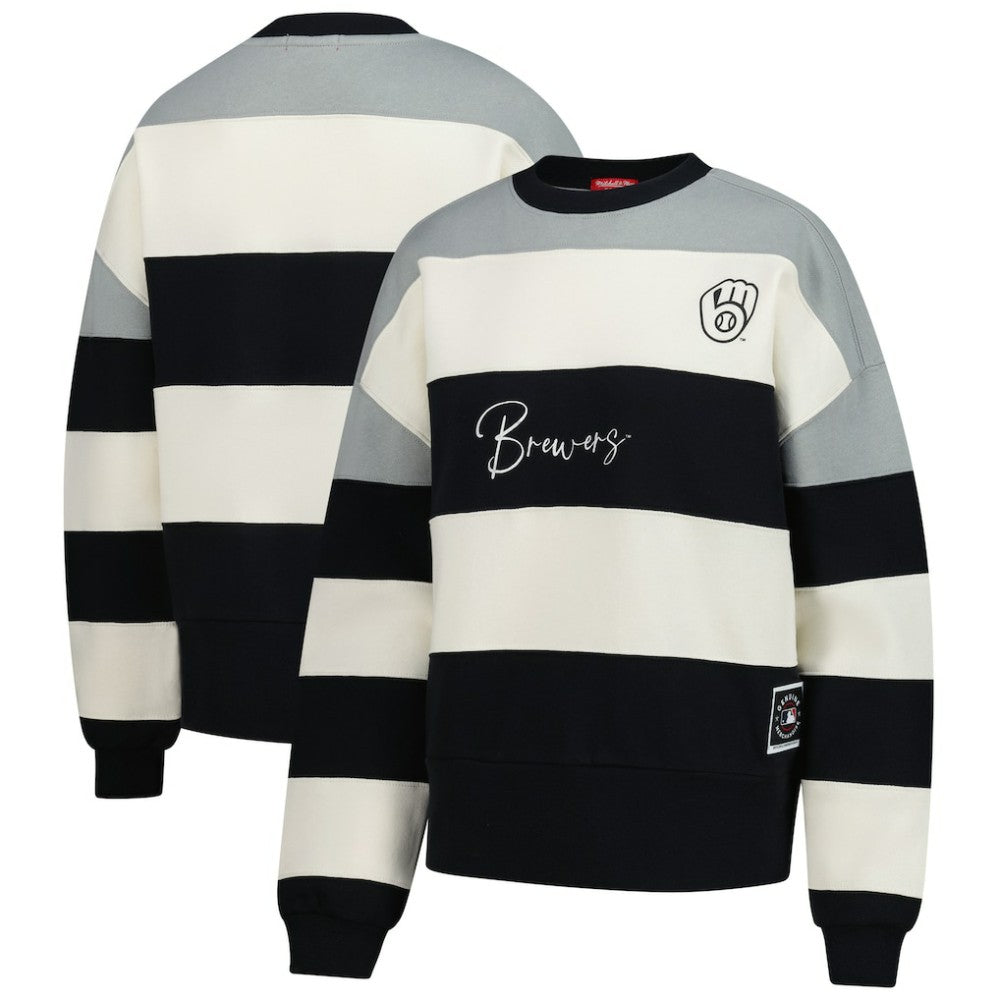 Milwaukee Brewers Mitchell & Ness Women's Cooperstown Collection Blocked Fleece Pullover Sweatshirt- Gray/Black Online
