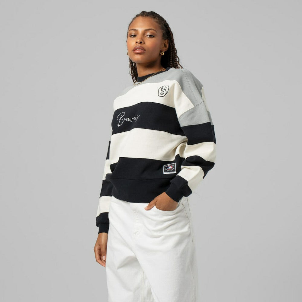 Milwaukee Brewers Mitchell & Ness Women's Cooperstown Collection Blocked Fleece Pullover Sweatshirt- Gray/Black Online