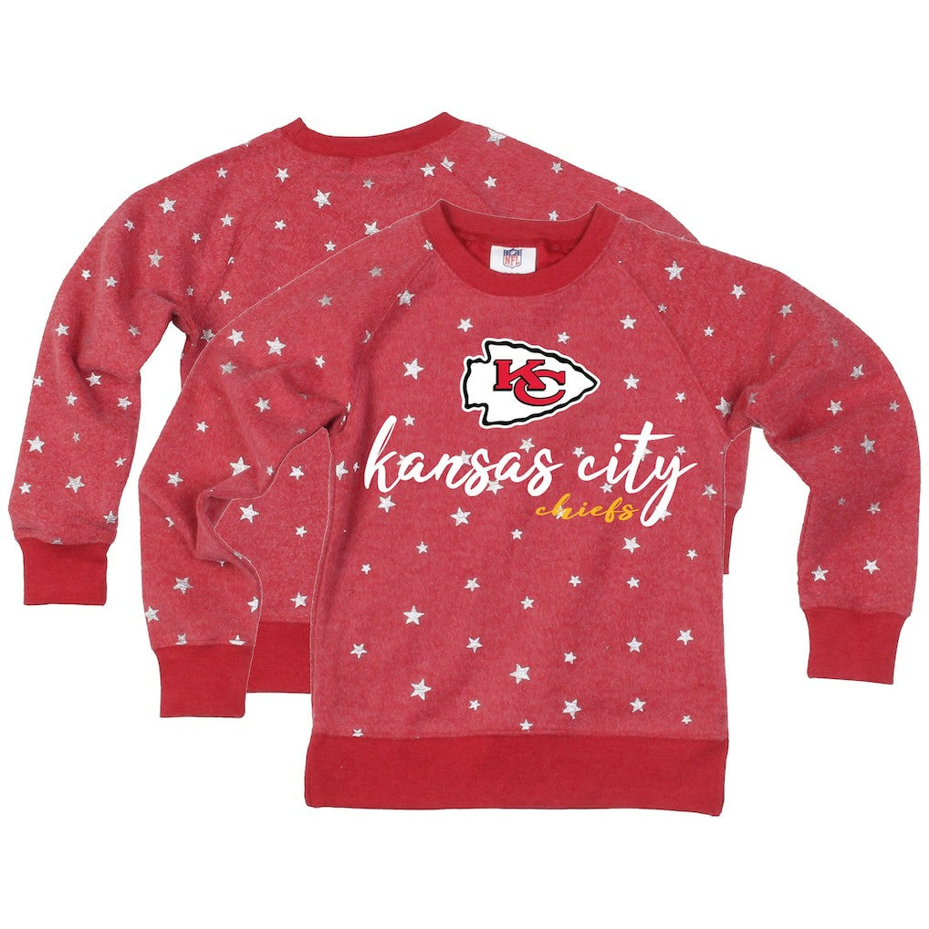 Kansas City Chiefs Wes & Willy Girls Youth Shimmer Star Reverse Fleece Pullover Sweatshirt - Red - NFL